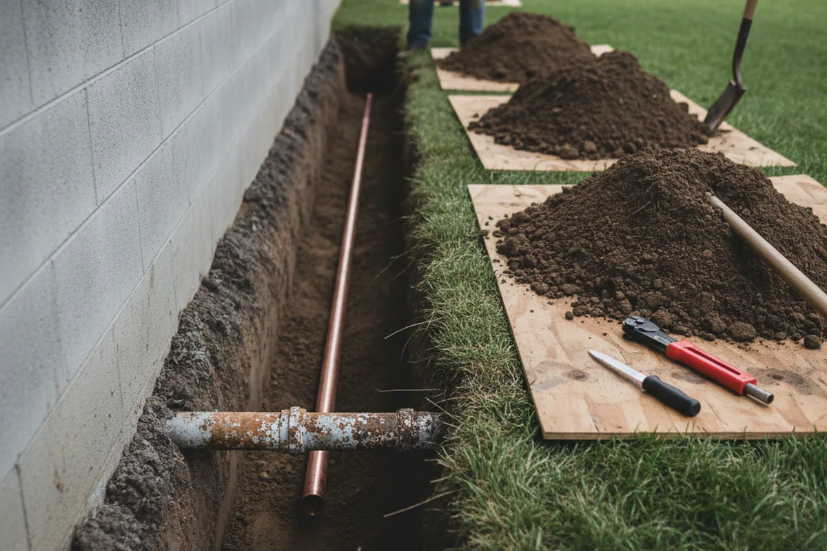Excavated water line trench during Water Softener Installation in Conetoe